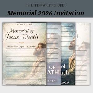 Pode incluir: Papel de carta com o texto "JW LETTER WRITING PAPER Memorial 2026 Invitation". O papel apresenta uma ilustração de um homem olhando para cima, com as palavras "Memorial of Jesus' Death" e a data "Thursday, April 2, 2026."