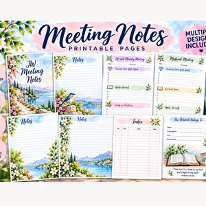 May include: A set of printable meeting notes pages featuring watercolour landscapes, floral borders, and a blue bird. The pages include sections for notes, an index, and meeting schedules with text like Meeting Notes, Life and Ministry Meeting, and Midweek Meeting.