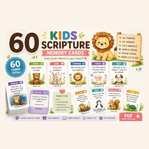 May include: A set of 60 Kids Scripture Memory Cards featuring colourful illustrations of animals and Bible verses. The cards include themes like faith, love, and courage, with text such as 'Hide God's Word in your heart' and '60 Cards Total'.