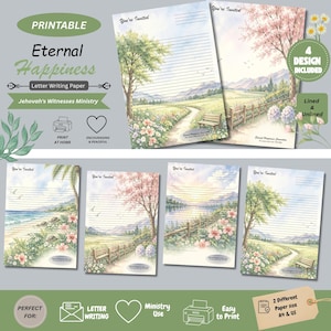 Puede incluir: Un conjunto de papel de carta imprimible con cuatro diseños de paisajes en acuarela distintos. Cada hoja incluye el texto You're Invited, líneas horizontales para escribir e ilustraciones de árboles, flores, bancos y escenas costeras.