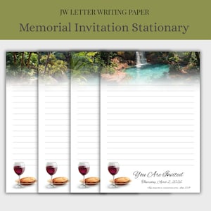 Puede incluir: Papel de escribir rayado con un fondo escénico de una cascada y exuberante vegetación. La parte inferior del papel presenta ilustraciones de copas de vino y pan. El texto en la parte superior dice "JW LETTER WRITING PAPER Memorial Invitation Stationary". También está presente el texto "You Are Invited".