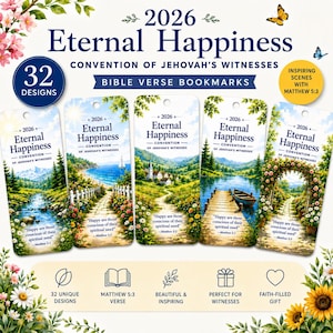 Puede incluir: Un conjunto de 32 marcapáginas para la asamblea 2026 Felicidad eterna de los testigos de Jehová. Cada marcapáginas presenta una ilustración de paisaje única, el texto 2026 Eternal Happiness y el versículo bíblico Mateo 5:3 en azul.
