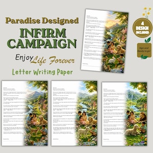 Op de afbeelding: Een set Paradise Designed Infirm Campaign briefpapier met vier verschillende ontwerpen. Elk vel bevat gedrukte tekst en een kleurrijke illustratie van een vredig landschap met mensen, dieren en natuur. De tekst luidt Paradise Designed INFIRM CAMPAIGN Enjoy Life Forever Letter Writing Paper.