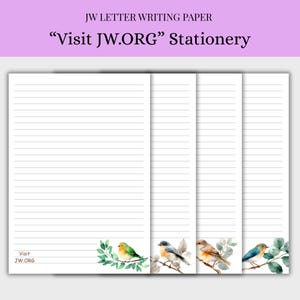 May include: Lined letter writing paper with watercolour bird illustrations and the text "Visit JW.ORG" at the bottom. The stationery features a purple header with the text "JW LETTER WRITING PAPER" and "Visit JW.ORG" Stationery.