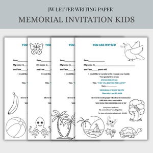 May include: White letter writing paper with the text "JW LETTER WRITING PAPER MEMORIAL INVITATION KIDS". The invitation includes fill-in-the-blank sections and illustrations of a butterfly, dove, and other images. The text "YOU ARE INVITED" is also visible.