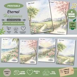 May include: A set of printable letter writing paper featuring four distinct watercolor landscape designs. Each sheet includes the text 'Your Invited' at the top, horizontal lines for writing, and a small footer with text. The designs depict scenes with trees, flowers, benches, and coastal views.