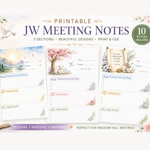 Könnte beinhalten: Ein Set aus drei druckbaren JW-Meeting-Notizseiten mit Blumen- und Naturillustrationen. Jede Seite enthält Abschnitte mit den Titeln Treasures From God's Word, Spiritual Gems und Apply Yourself sowie Zeilen für Notizen, Daten und Schriftstellen.