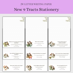 Könnte beinhalten: Schreibpapier mit dem Text "JW LETTER WRITING PAPER" und "New 9 Tracts Stationery". Jedes Blatt hat Linien, florale Verzierungen und Fragen wie "Werden Sie jemals Ihre Lieben wiedersehen, die gestorben sind?"