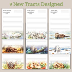 May include: Nine new tracts are designed with watercolor illustrations of animals, including a swan, wolf, otter, bear, owl, penguin, lion, fox, and koala. Each tract has lined paper and a Bible verse.