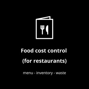 Könnte beinhalten: Weißes Liniendesign eines Menüs mit Gabel und Messer auf schwarzem Hintergrund. Der Text lautet "Food cost control (for restaurants)" und "menu - inventory - waste".