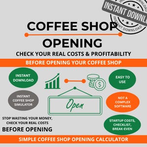Calculadora de costos para cafeterías | Plantilla de Excel para startups de cafeterías | Análisis del punto de equilibrio para cafeterías | Hoja de cálculo con lista de verificación para cafeterías | Apertura de cafeterías