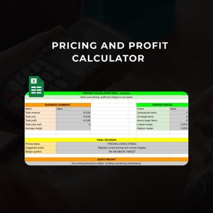 Può includere: Un'interfaccia digitale di calcolatore di prezzi e profitti con la scritta "Pricing and Profit Calculator". L'interfaccia mostra le metriche di riepilogo aziendale, lo stato dei prezzi e i dettagli della decisione finale. Il calcolatore è progettato per verificare prezzi, profitti e margini.