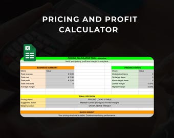 May include: A digital pricing and profit calculator interface with the text "Pricing and Profit Calculator." The interface displays business summary metrics, pricing status, and final decision details. The calculator is designed to verify pricing, profit, and margin.