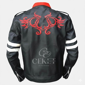 Black Leather Jacket Red Collar Dragon Embroidered | Unisex Urban Biker Jacket