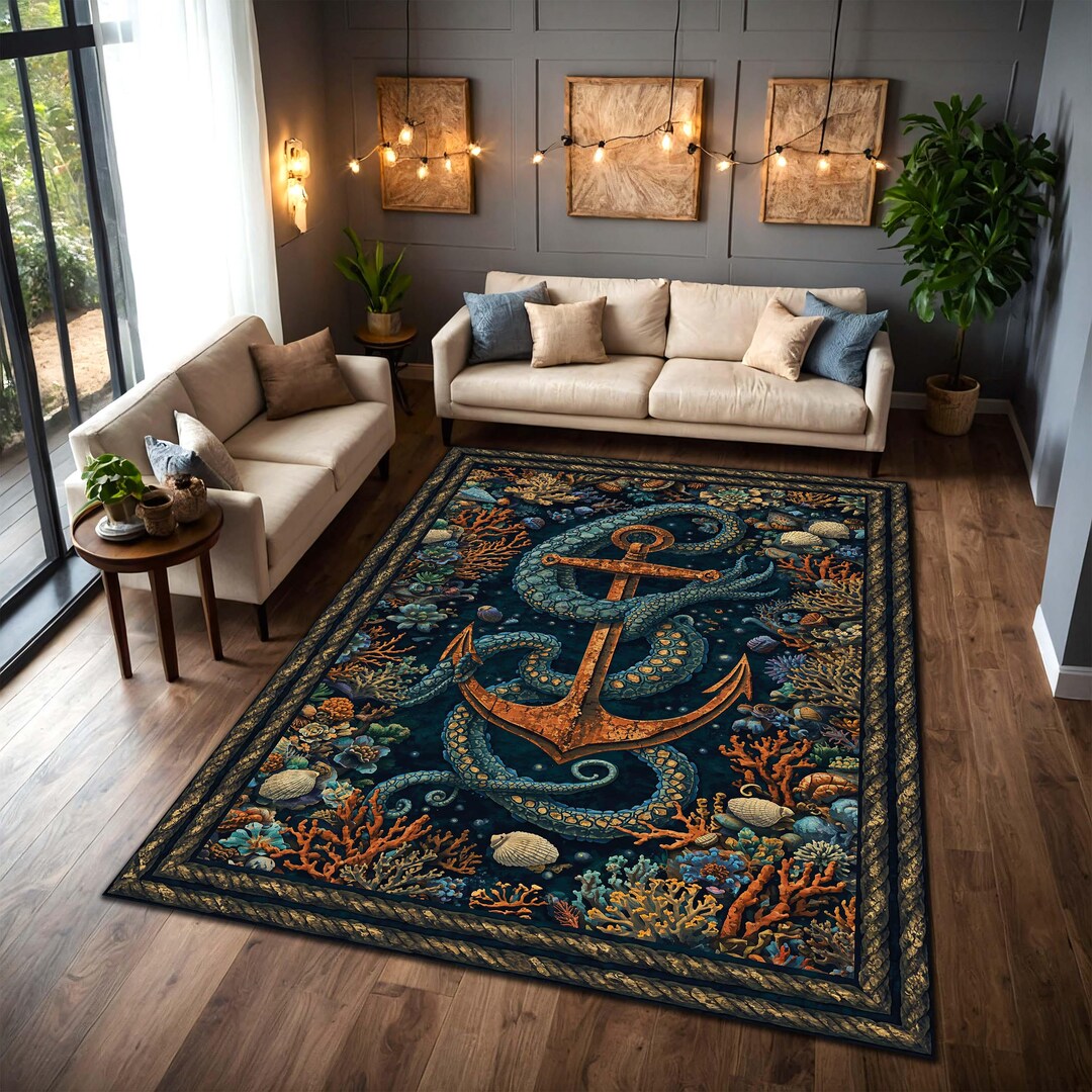 Octopus Anchor Ocean Rug, Nautical Sea Life Area Rug, Coral Reef ...