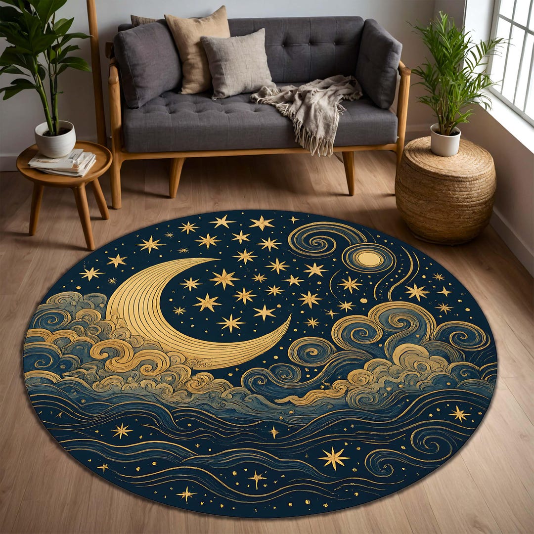 Astrological Rug Celestial Moon Star Round Rug, Navy Gold Crescent Sky Circle Area Rug ...