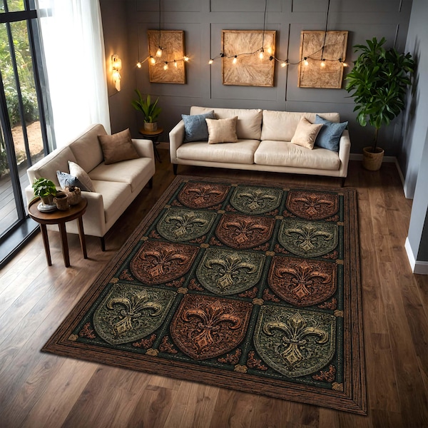 Medieval Fleur de Lis Crest Area Rug, Rustic Green & Burnt Orange Shield Pattern, Vintage Gothic Living Room Decor Floor Mat Statement