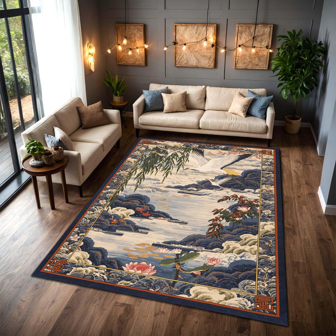Japanese Latch Rug Japanese Crane Lotus Area Rug, Blue Oriental Landscape Carpet, Asian ...