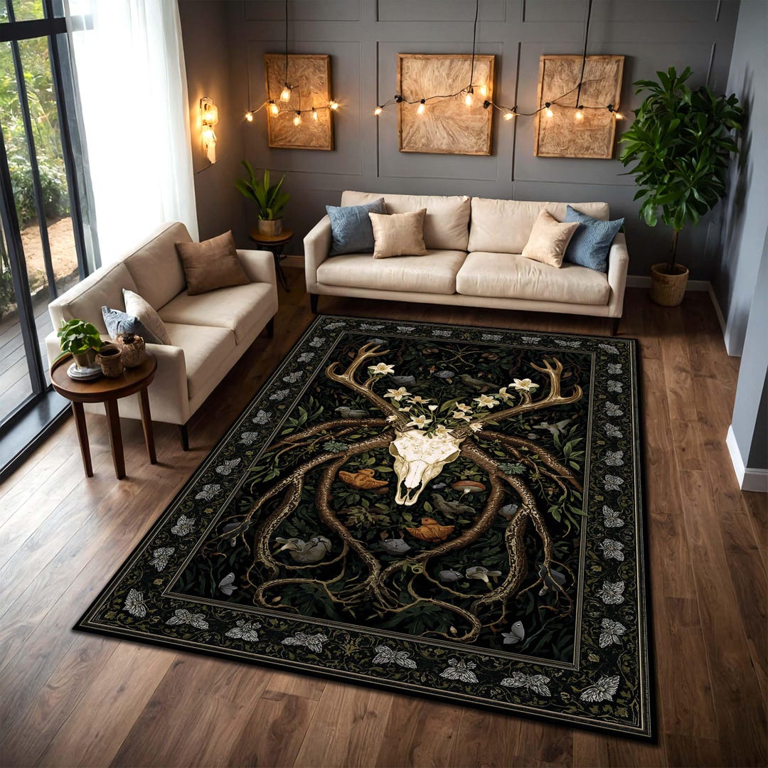 Dark Forest Deer Skull Rug, Gothic Woodland Botanical Area Rug, Witchy ...
