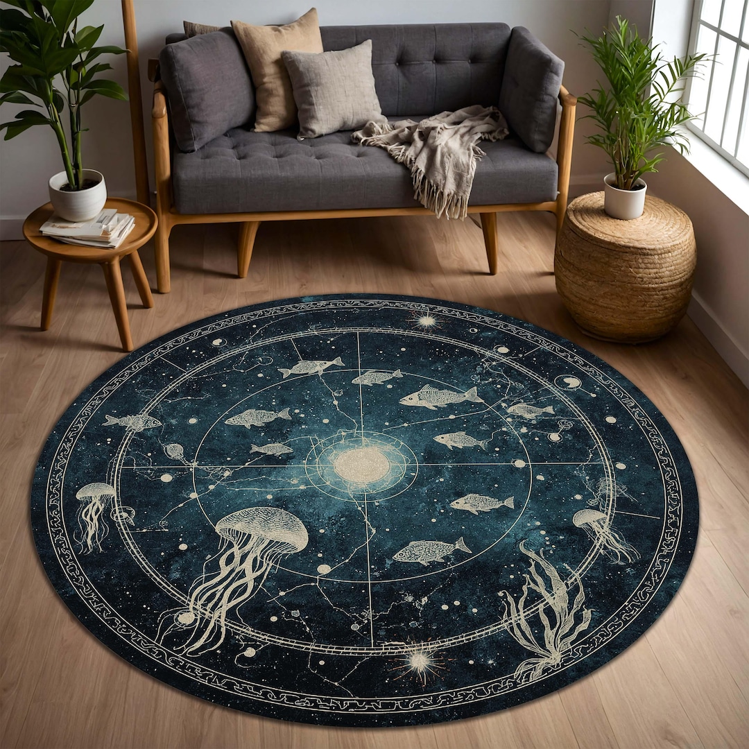 Zodiac Sign Rug Celestial Ocean Zodiac Round Rug, Nautical Astrology Sea Creature ...
