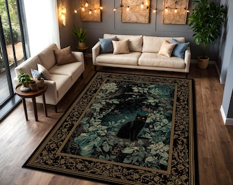 Gothic Black Cat Rug, Victorian Botanical Garden Carpet, Dark Academia Witchy Teal Floral Area Rug for Living Room Bedroom Decor Home