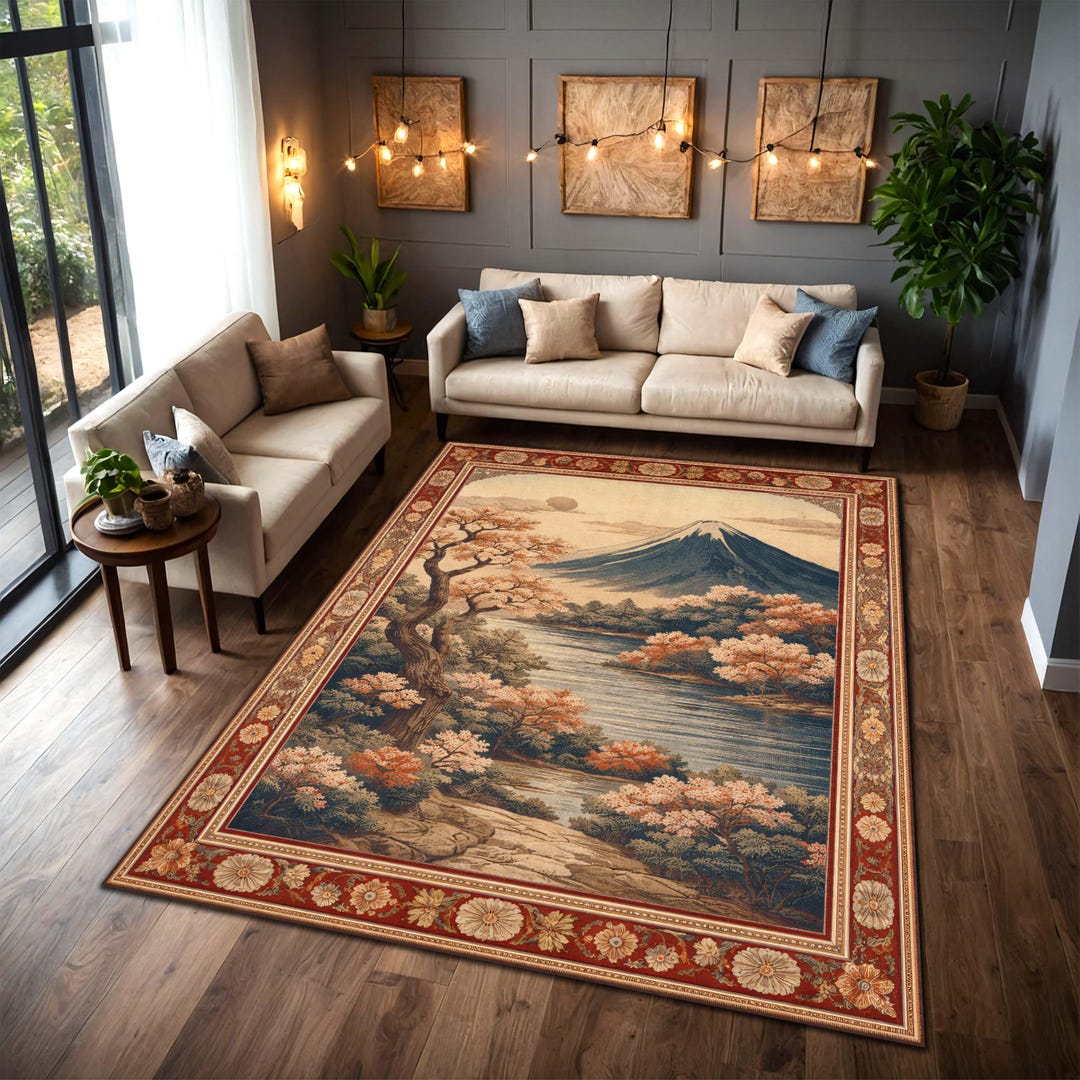 Mount Fuji Sakura Landscape Area Rug, Japanese Ukiyo-e Style Carpet ...