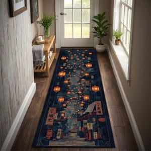 Puede incluir: Una alfombra larga y rectangular con una ilustraci&oacute;n detallada de una escena callejera nocturna. La alfombra presenta un fondo azul oscuro con faroles y edificios naranjas. El dise&ntilde;o evoca una calle de una ciudad asi&aacute;tica.