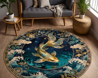 Round Koi Fish Rug Blue Gold, Japanese Ocean Wave Floor Mat, Luxury Oriental Living Room Decor, Non Slip Washable Area Rug Gift for Bedroom