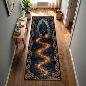 May include: A long, rectangular rug with a fantasy-themed design. The rug features a dark blue background with a winding path of glowing lights leading to a hooded figure in a forest. The border has a gold Celtic knot design.