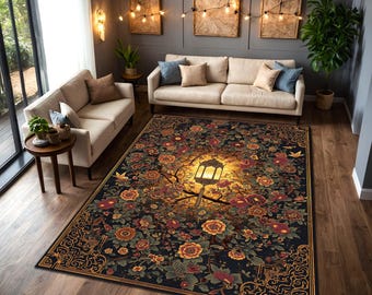 Vintage Floral Lantern Rug, Dark Academia Area Rug, Gothic Boho Living Room Carpet, Oriental Botanical Statement Decor for Interiors