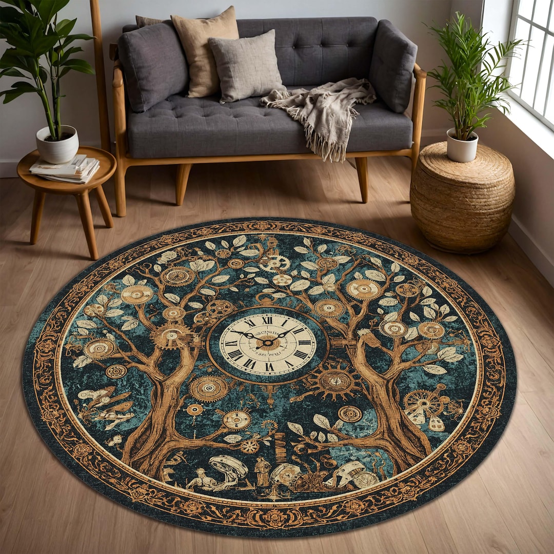 Steampunk Clock Tree Round Rug, Teal Gold Vintage Timepiece Circle ...