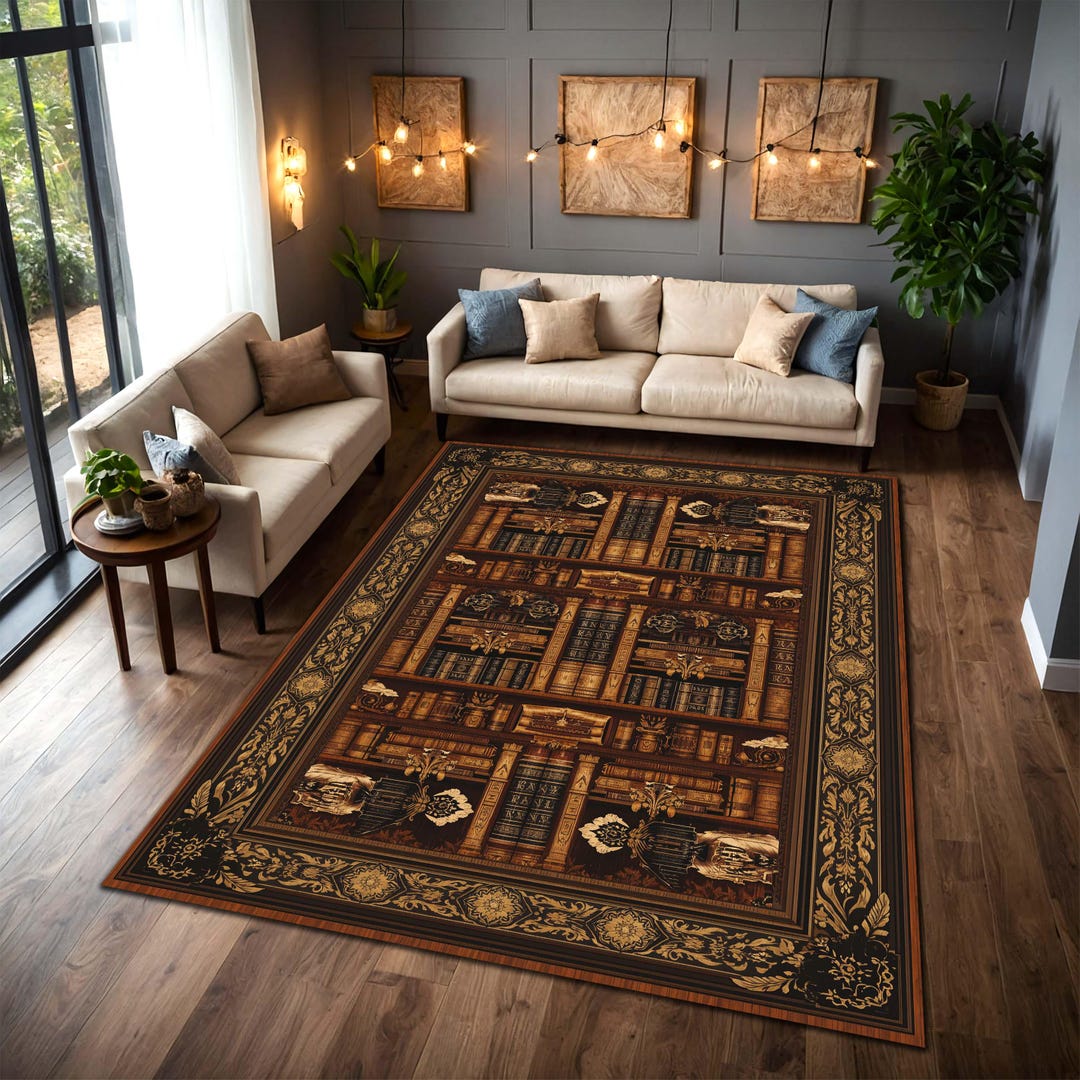 Ny Library Rugs Dark Academia Library Bookshelf Area Rug, Vintage Bookcase Print Carpet ...