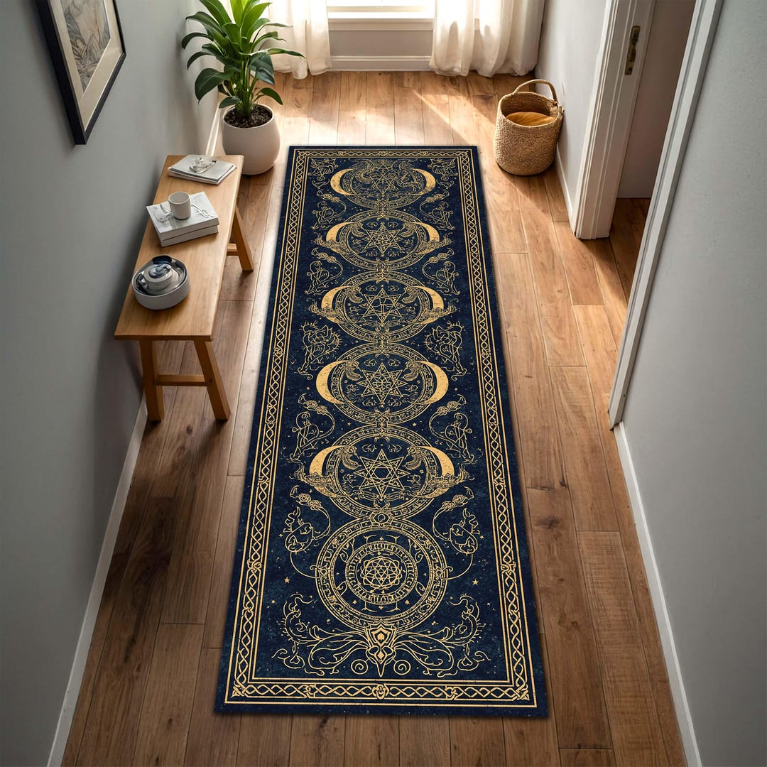Mystic Celestial Runner Rug, Navy Blue Gold Ornamental Hallway Carpet ...