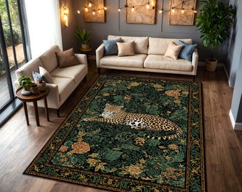 Leopard Jungle Floral Area Rug, Dark Green Botanical Carpet, Vintage Boho Living Room Decor, Statement Wildlife Floor Rug Gift for Home