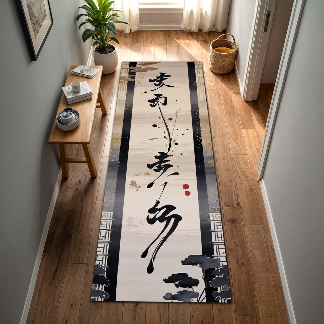 Japanese Rug Runner Japandi Zen Calligraphy Runner Rug, Japanese Sumi Ink Art Hallway ...