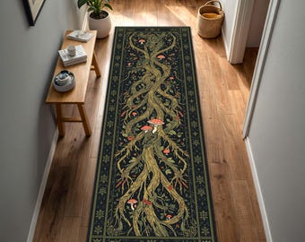 Alfombra de pasillo con raíces de bosque, alfombra botánica verde oscuro con árbol de la vida, alfombra de pasillo con hongos estilo cottagecore, decoración de entrada con temática de brujas, alfombra antideslizante.