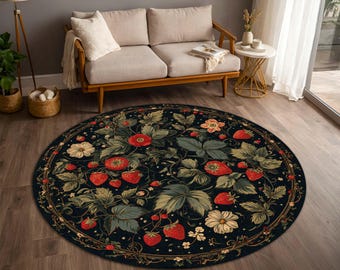 Strawberry Floral Round Rug, Dark Botanical Area Carpet, Vintage Cottagecore Berry Floor Mat, Gothic Garden Living Room Decor Accent