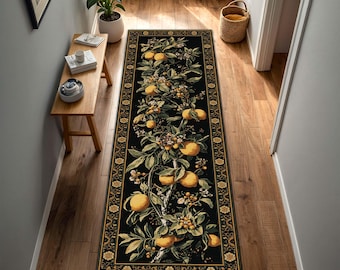 Botanical Lemon Runner Rug, Vintage Black Hallway Carpet, Citrus Floral Kitchen Rug, Mediterranean Entryway Floor Decor, Spring Summer Rug