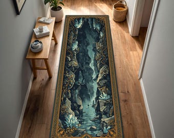 Enchanted Canyon Runner Rug, Fantasy Waterfall Crystal Cave Hallway Runner, Teal Blue Gold Border, Dark Academia Dungeoncore Decor