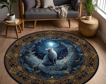 Celestial Cat Round Rug, Midnight Blue Gold Mandala, Mystic Galaxy Kitten Area Mat, Non Slip Boho Witchy Home Decor, Living Room Accent