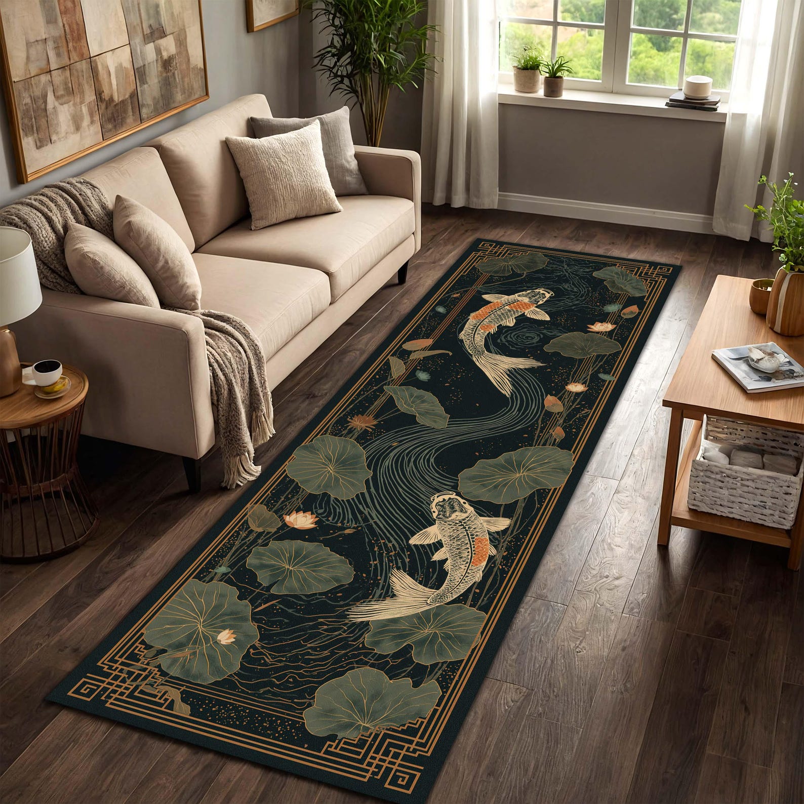 Koi Fish Lotus Runner Rug, Japanese Zen Pond Hallway Carpet, Dark Teal ...