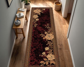 Alfombra vintage con diseño floral burdeos, estilo gótico victoriano con rosas para pasillo, alfombra de entrada y cocina en tonos oscuros de Academia, alfombra larga lavable.