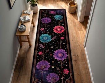 Celestial Lotus Hallway Runner Rug, Witchy Boho Cosmic Floral Carpet, Black Galaxy Mandala Entryway Kitchen Corridor Long Runner Decor