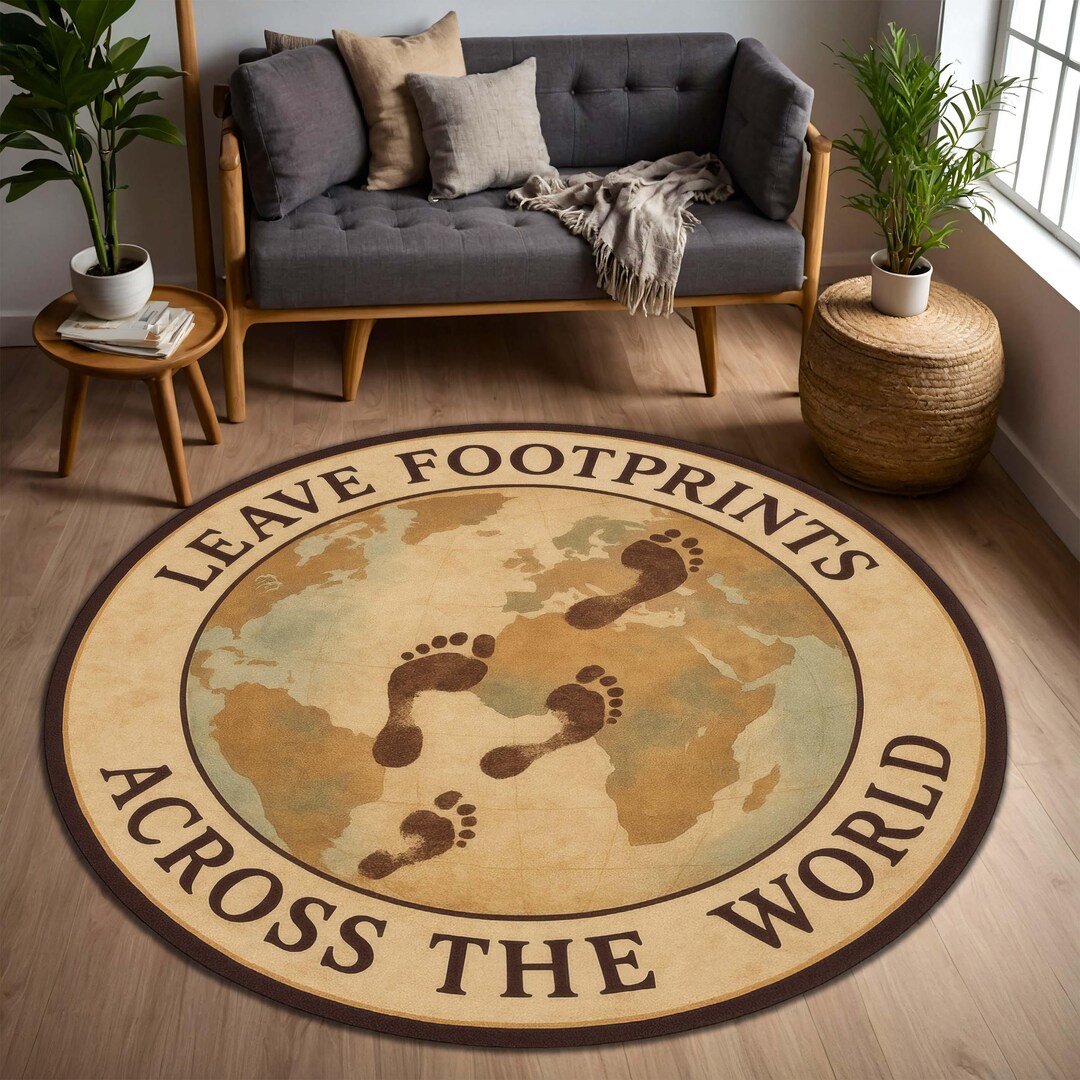 Rust Footprints Rug Vintage World Map Circle Area Rug, Leave Footprints Across the World ...