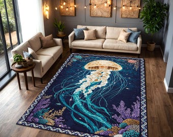 Jellyfish Area Rug, Ocean Inspired Living Room Carpet, Coastal Nautical Floor Decor, Marine Life Bedroom Accent Mat, Undersea Art