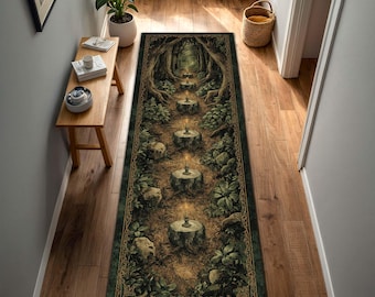 Enchanted Forest Lantern Path Runner Rug, Fairycore Woodland Hallway Carpet, Dark Cottagecore Fantasy Entryway Kitchen Corridor Decor