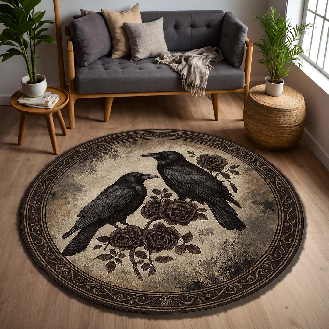 Round Gothic Rug Gothic Raven Rose Round Rug, Vintage Victorian Bird Circle Carpet, Dark ...