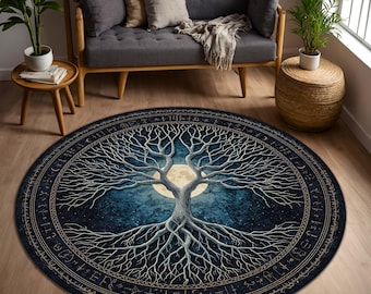 Tree of Life Moon Navy Round Rug, Mystic Celestial Mandala Circle Carpet, Gothic Boho Living Room Decor, Witchy Astrology Floor Mat