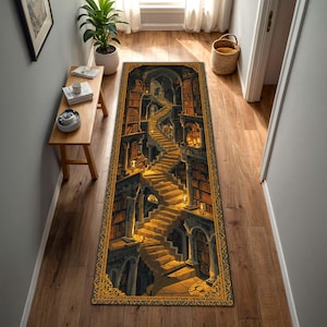 May include: A rectangular hallway rug featuring a detailed illustration of a library with a winding staircase. The rug has a gold border and a warm color palette of browns, yellows, and blacks, creating a cozy and inviting atmosphere.