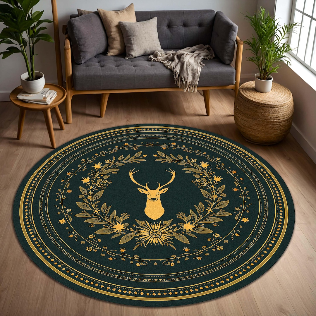 Forest Deer Round Rug, Dark Green Gold Botanical Wreath Circle Carpet ...